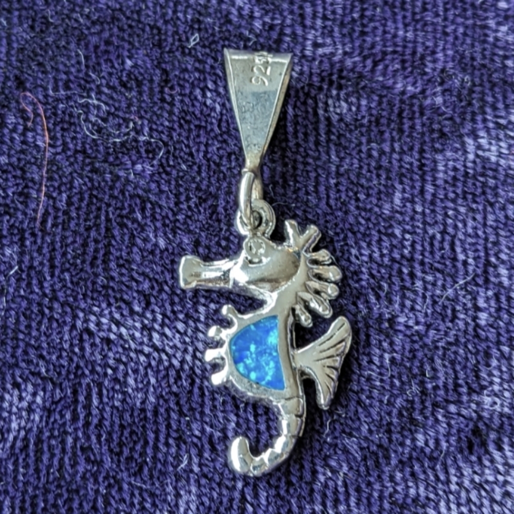 Vintage 925 Sterling Silver Southwestern Western Seahorse Opal Pendant